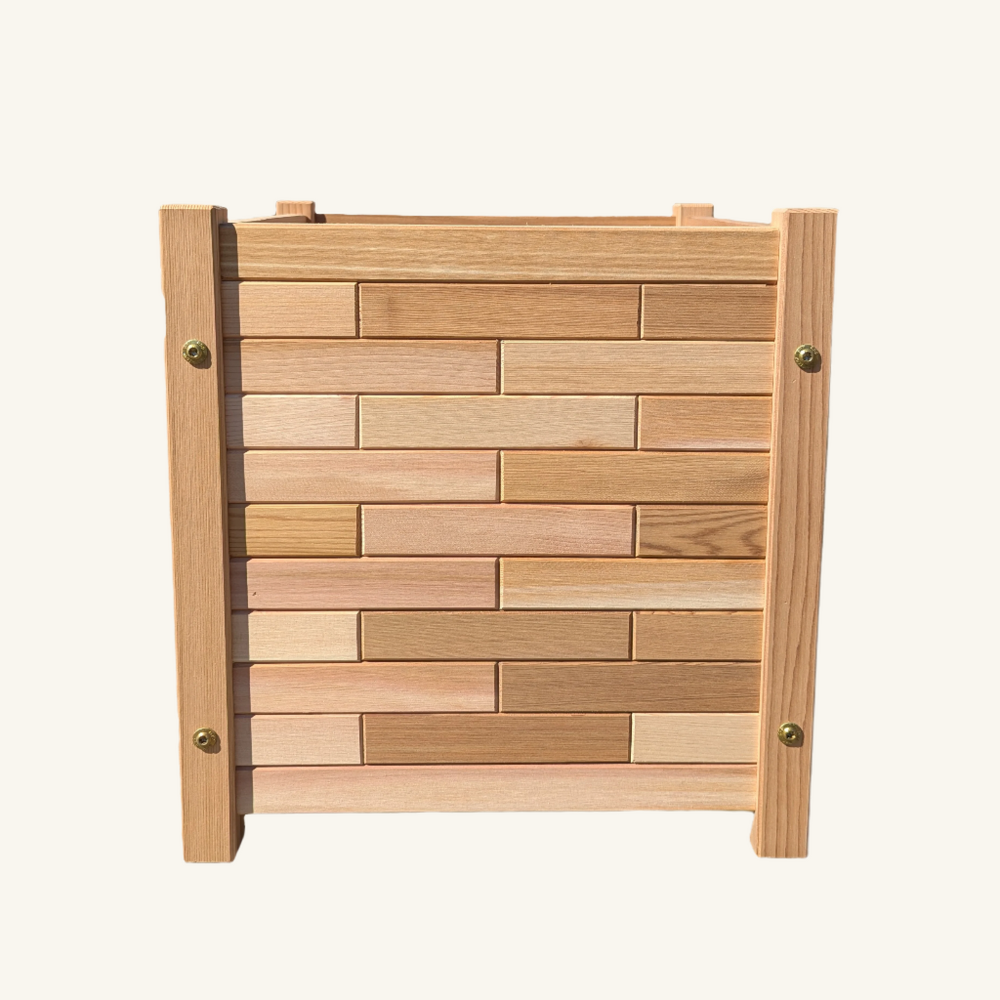 Side profile of 17x17 inch cedar raised garden box with deep planting capacity and precision joinery, built by Kelowna Woodcraft in British Columbia.
