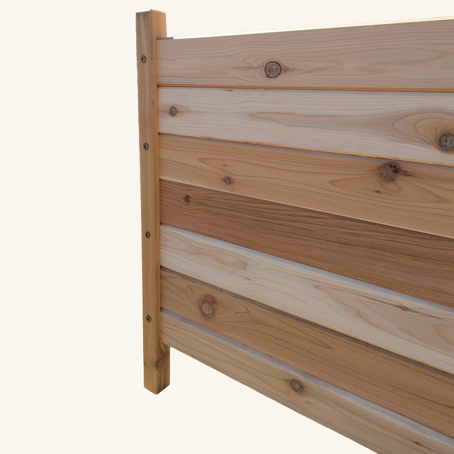 Side view of 48-inch long raised cedar planter box with 18-inch width and 26-inch height, made in British Columbia using sustainable red cedar.
