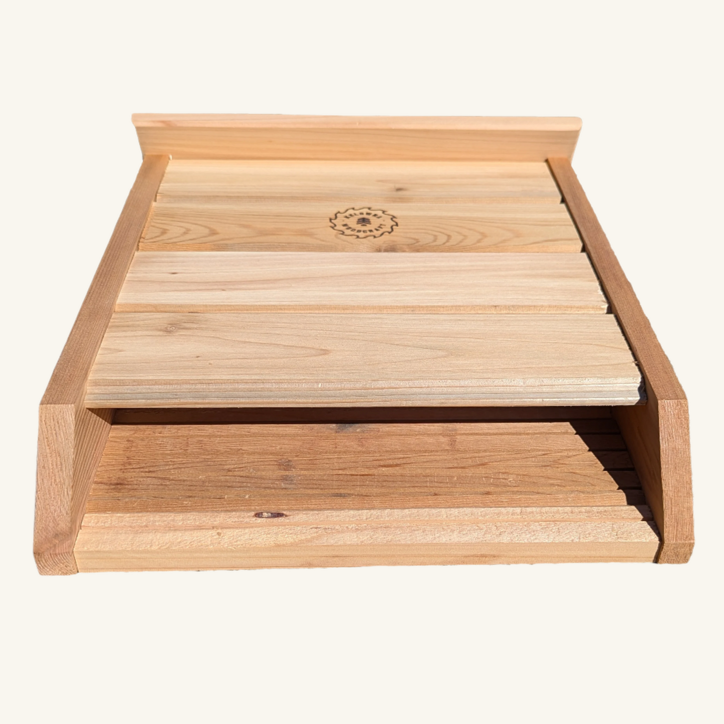Close-up of Western Red Cedar bat box showing fine wood grain and secure interior roosting slats, handmade by Kelowna Woodcraft in British Columbia.