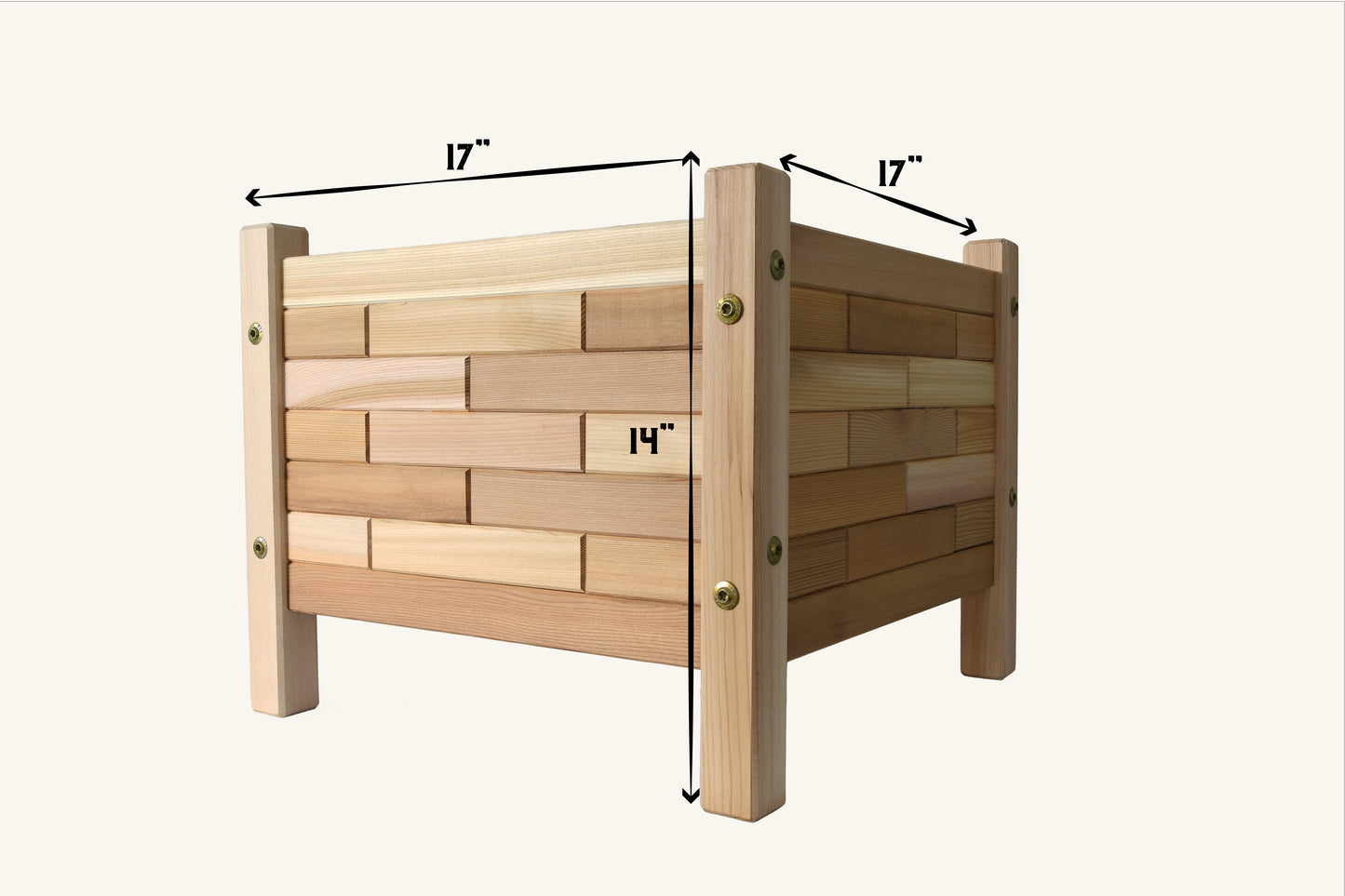 Dimension diagram of 17x17-inch cedar planter box made from Western Red Cedar, handcrafted in British Columbia by Kelowna Woodcraft