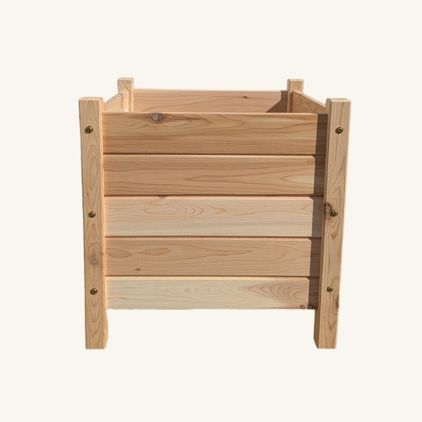 Side profile of 18x18 inch raised cedar planter box by Kelowna Woodcraft, highlighting precision-built panels and rust-proof fasteners.
