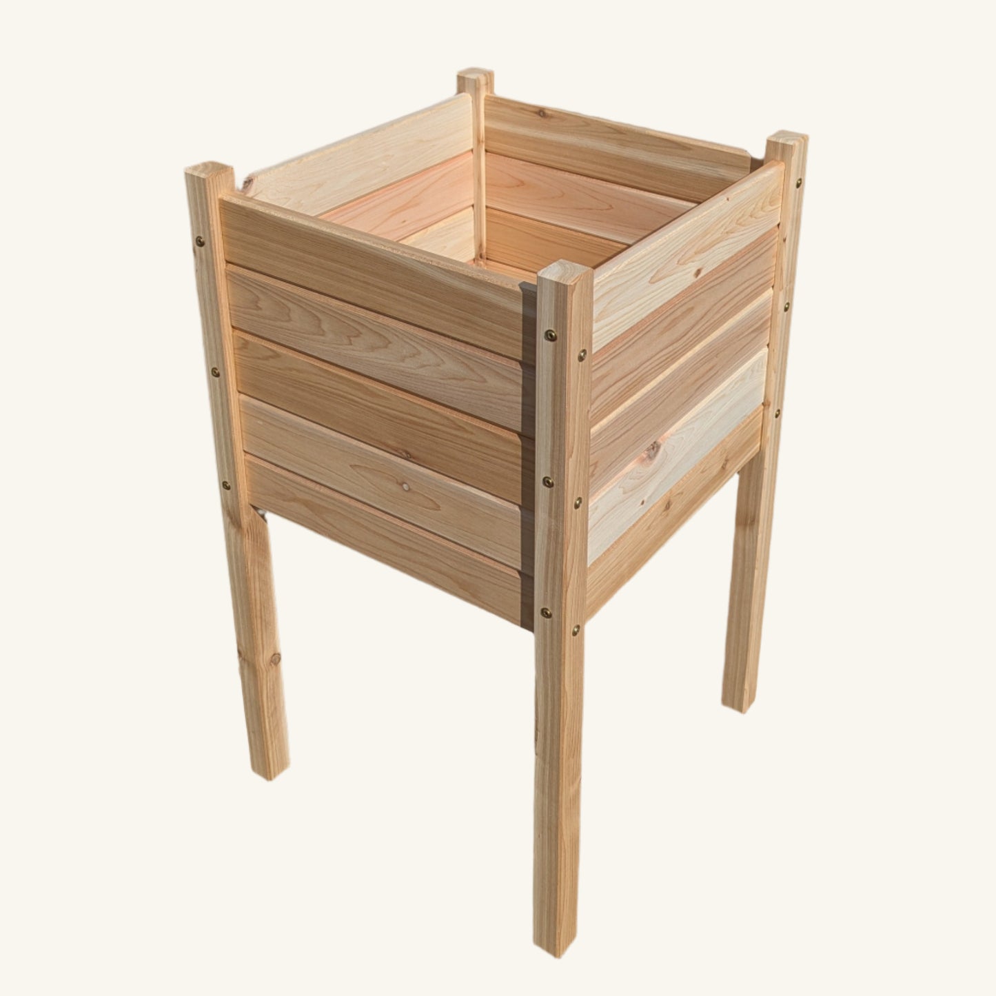Top-down image of Kelowna Woodcraft 18 inch by 18 inch raised planter box with deep planting space and smooth cedar interior.