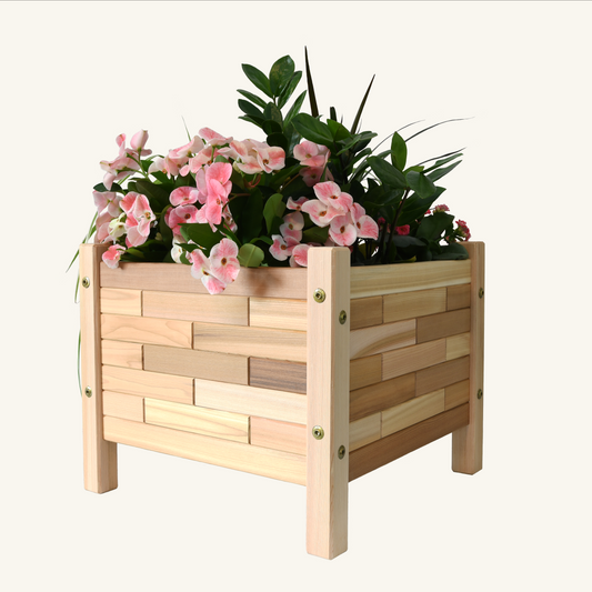 17x17-inch handcrafted cedar planter box filled with colorful flowers, made in British Columbia from Western Red Cedar by Kelowna Woodcraft
