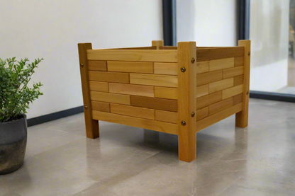 Close-up of 17x17 cedar planter box showing unique brick pattern and fine Western Red Cedar grain, handmade by Kelowna Woodcraft in British Columbia.
