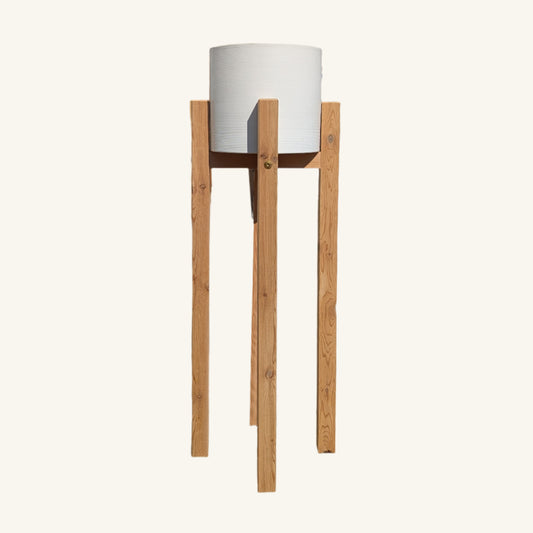 24-inch tall cedar plant stand with high-quality white ceramic pot, handcrafted from sustainable BC Western Red Cedar, modern and minimalist design by Kelowna Woodcraft.