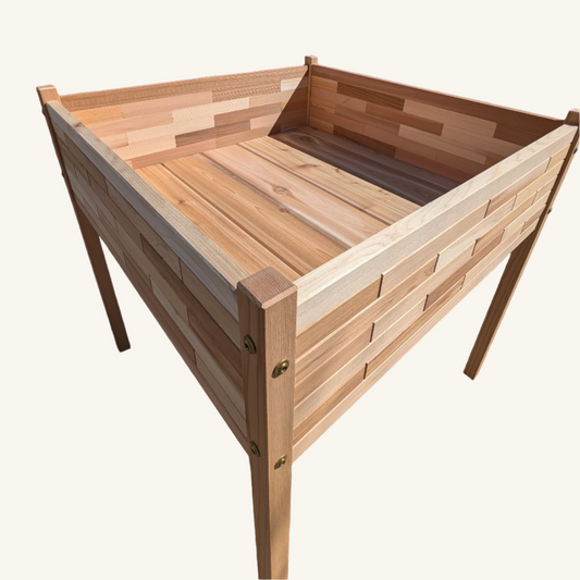33x33 inch raised cedar planter box standing 32 inches tall, handcrafted from premium Western Red Cedar in British Columbia by Kelowna Woodcraft, ideal for ergonomic gardening.