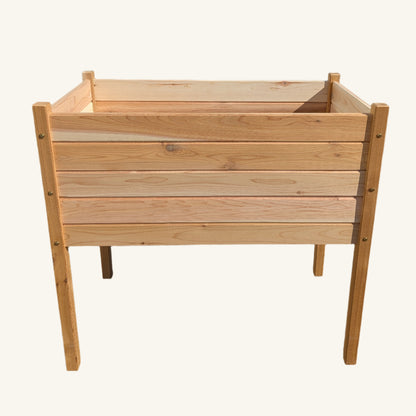 Angled image of Kelowna Woodcraft’s 34 inch by 18 inch raised garden box, 32 inches tall with open bottom design for root drainage and air circulation.