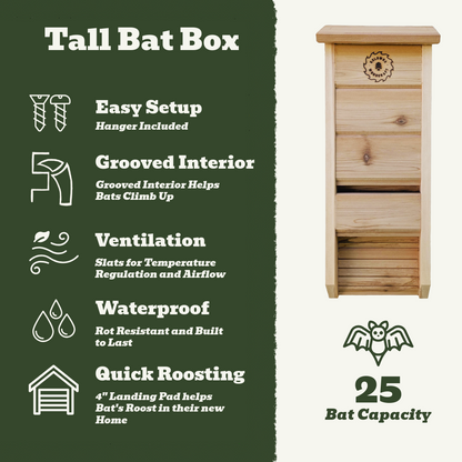 Wooden bat box with features listed on a green background