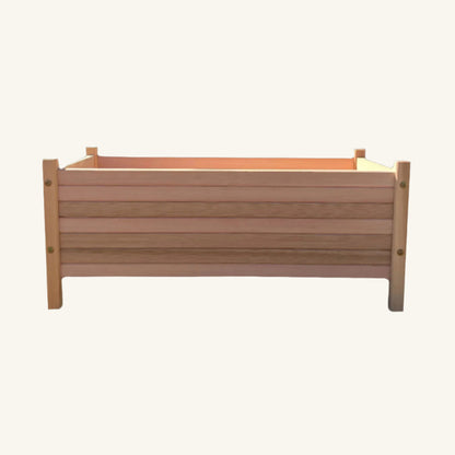 Side profile of rectangular raised cedar garden box, showing durable 14 inch height and natural wood finish.