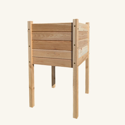 Front-facing view of 34x18 inch raised cedar garden planter box from Kelowna Woodcraft, standing 32 inches tall with sturdy legs and reinforced panels.
