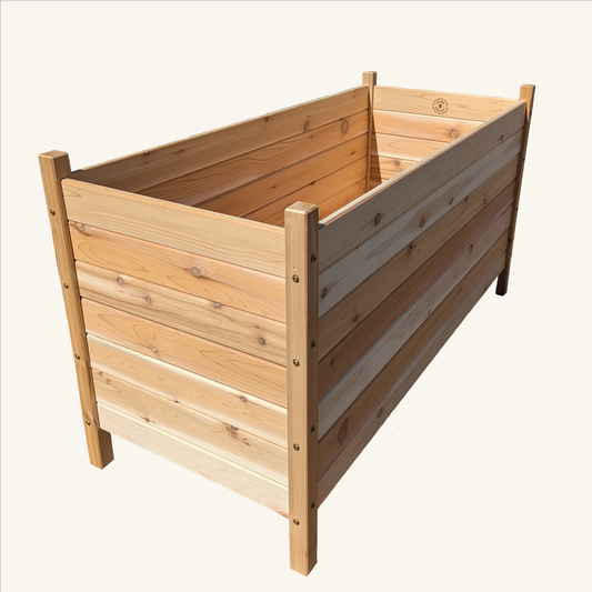 48x18 inch cedar garden box standing 26 inches tall on cream background, handcrafted with tongue and groove panels using premium BC Western Red Cedar by Kelowna Woodcraft.