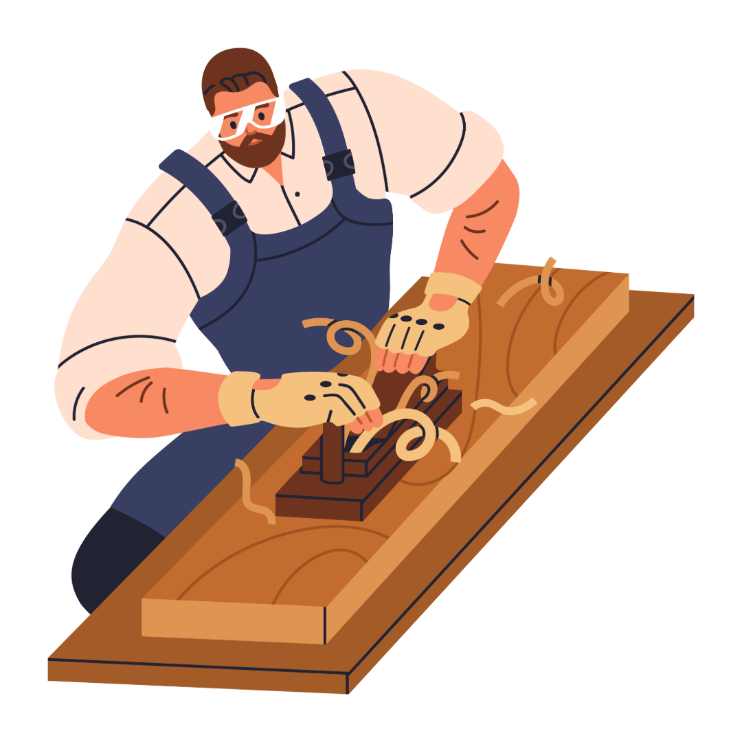 Illustration of a carpenter working on a wooden plank with tools.