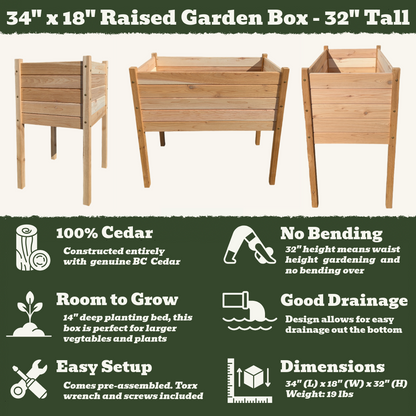 34" x 18" Raised Garden Box - 32" Tall