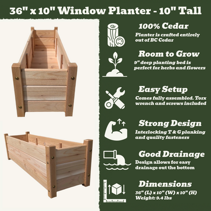 36" x 10" Window Planter - 10" Tall
