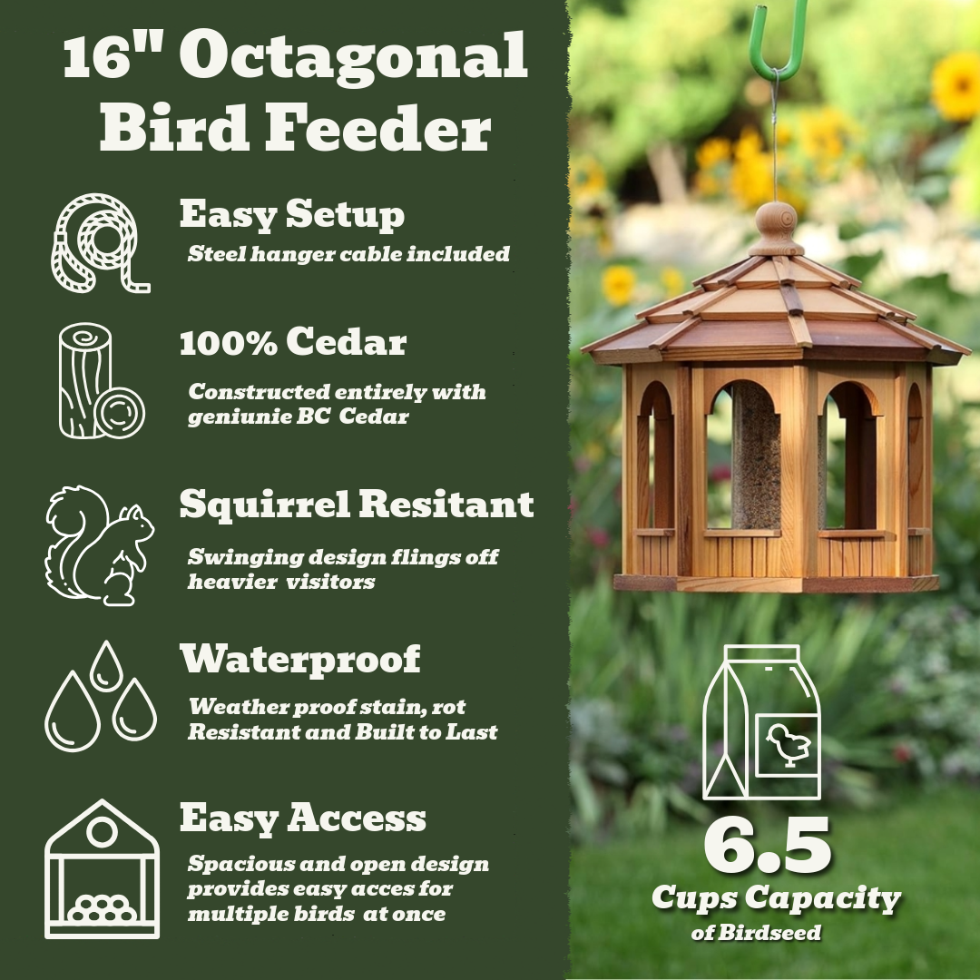 16" Cedar Bird Feeder — Handcrafted in BC, Holds 6.5 Cups of Seed