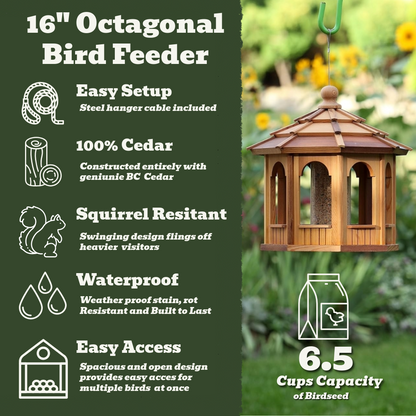 16" Cedar Bird Feeder — Handcrafted in BC, Holds 6.5 Cups of Seed