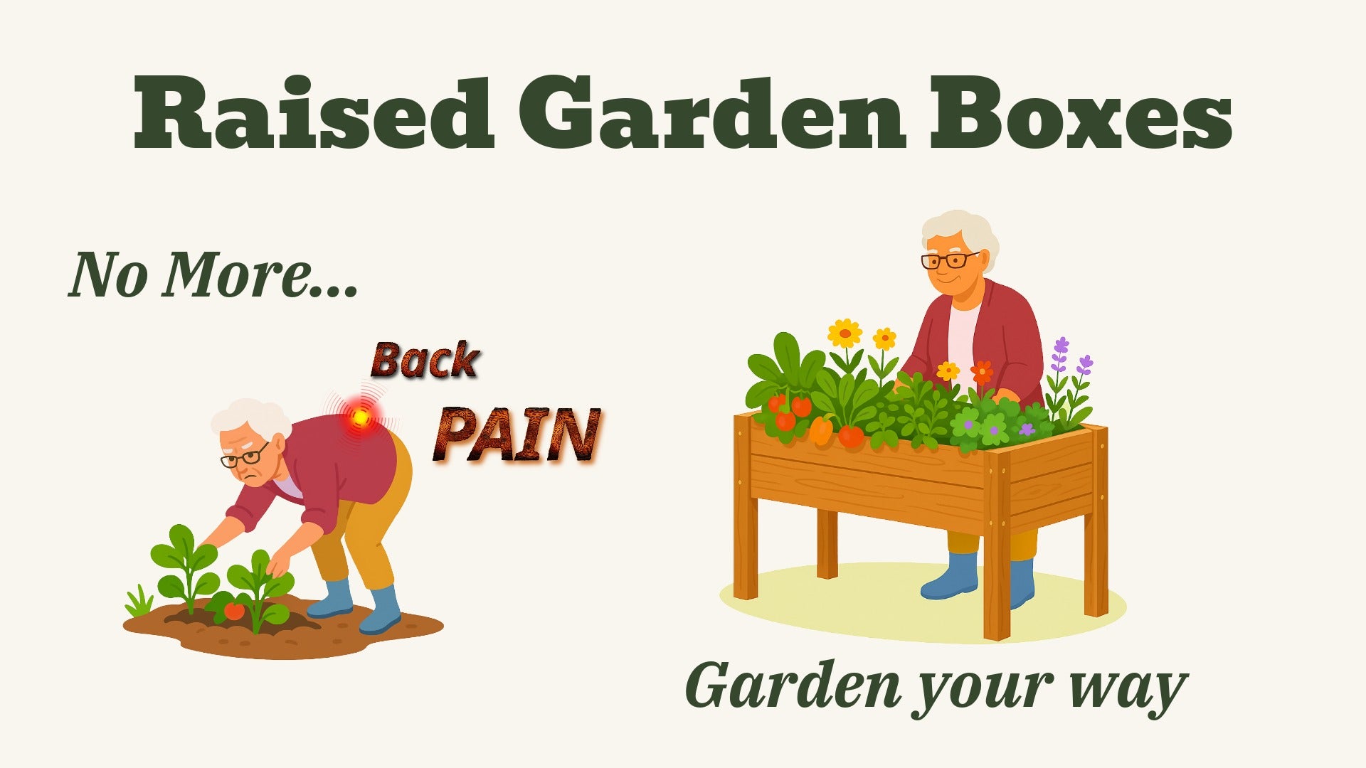 Illustration of an elderly person gardening in a raised bed with text about back pain relief.