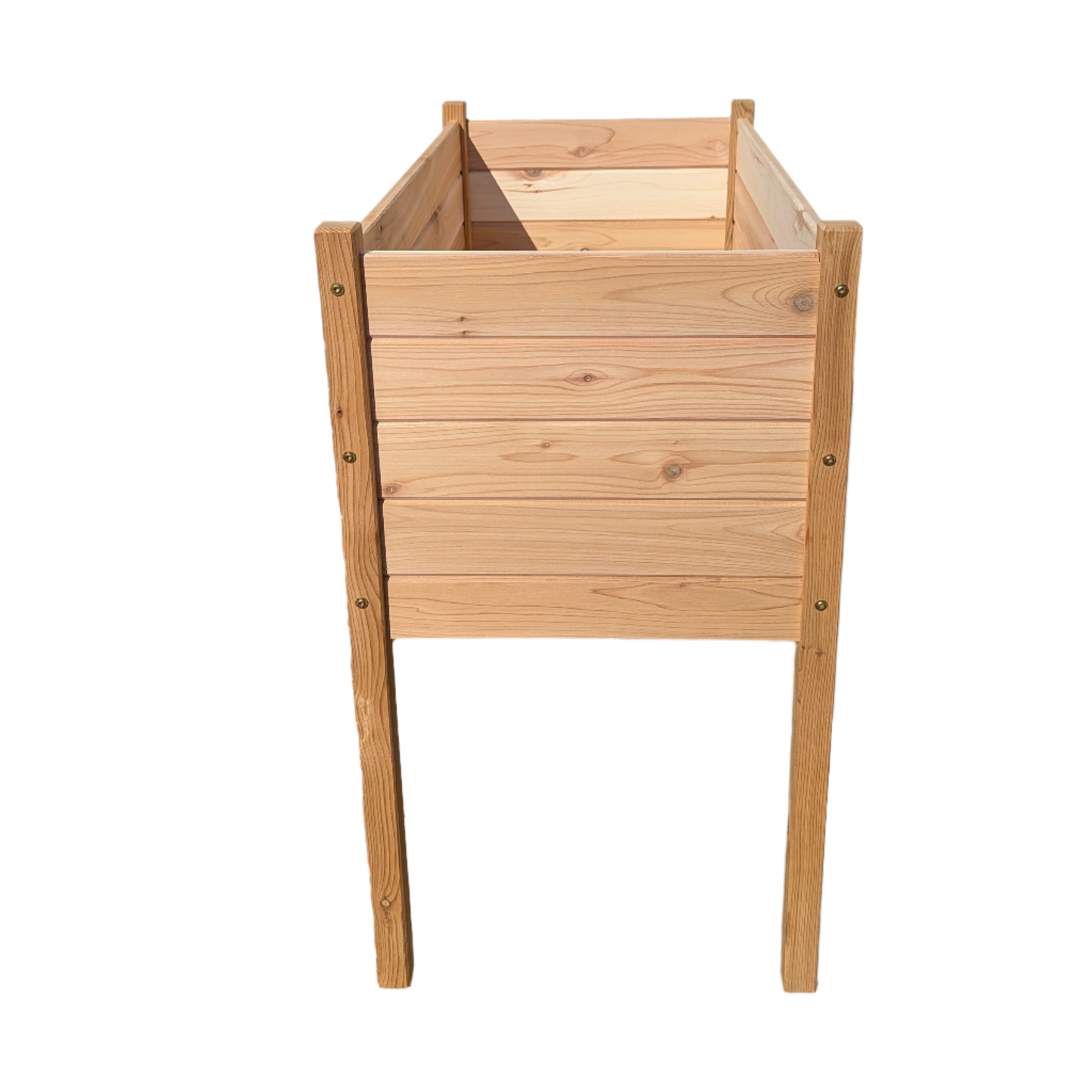 Side profile of 34” x 18” x 32” raised cedar planter box by Kelowna Woodcraft, constructed from thick BC cedar and secured with rust proof  GRK RSS fasteners.